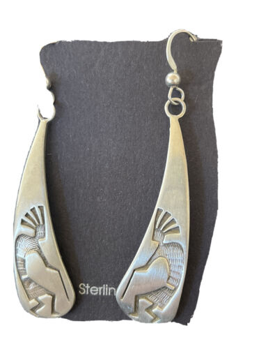 Handmade Sterling Silver Kokopelli Dangle Earrings | Authentic Native American Hopi Design | 01501