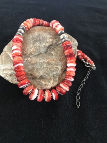 Navajo Red Spiny Oyster Necklace | Sterling Silver | Authentic Native American | Graduated 18" | 12715