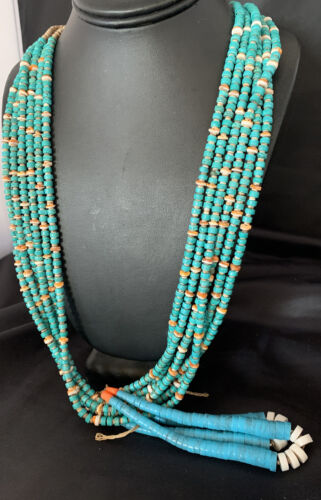 Native American Santo Domingo Spiny Blue Turquoise Shell Jacla Necklace | 36" | 13193