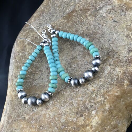 Southwestern Sterling Silver Navajo Pearls Turquoise Bead Earrings | 2" | Authentic Native American Handmade | 1975