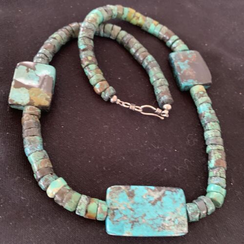 Native American Rustic Turquoise Nugget Heishi Bead Necklace | Sterling Silver | 22" | 1399