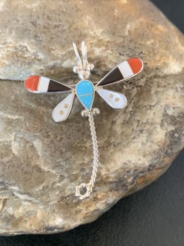 Zuni Turquoise Mother of Pearl Inlay Dragonfly Necklace Pin Pendant | Sterling Silver | 12319