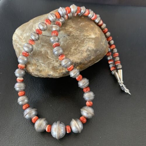 Navajo Pearl Red Spiny Oyster Bead Necklace | Sterling Silver | Single Strand | 11878