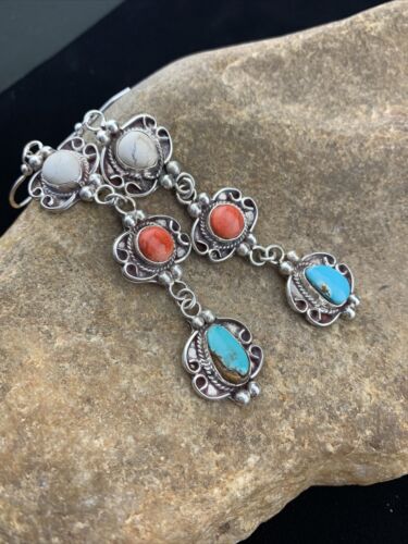Navajo Spiny, Turquoise & Howlite Dangle Earrings | Sterling Silver | Authentic Native American Handmade | 1614
