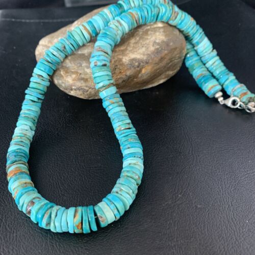 Men's Navajo Blue Turquoise Heishi Bead Necklace | Sterling Silver | 20" | Authentic Native American Handmade | 13522