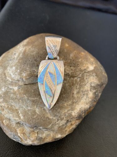 Navajo White Blue Opal Inlay Pendant | Sterling Silver | Authentic Native American Handmade | 12477