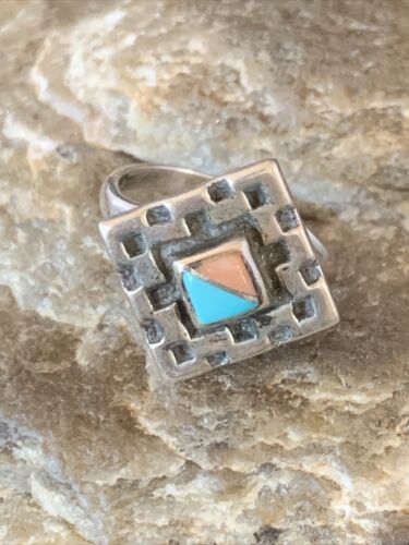 Navajo Blue Turquoise Pink Coral Inlay Ring | Sz 6.5 | Authentic Native American Handmade | 13133 - Masha USA