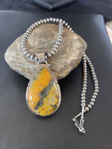 Men's Navajo Pearls Necklace with Bumblebee Jasper Pendant | Sterling Silver | Native American Handmade | 10548
