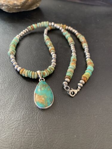 Navajo Green Turquoise Pendant Necklace | Sterling Silver | Authentic Native American Handmade | 11779
