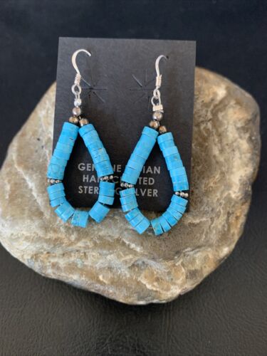 Navajo Turquoise Heishi Sterling Silver Pearls Beads Earrings | 1.5" | Authentic Native American Handmade | 13044