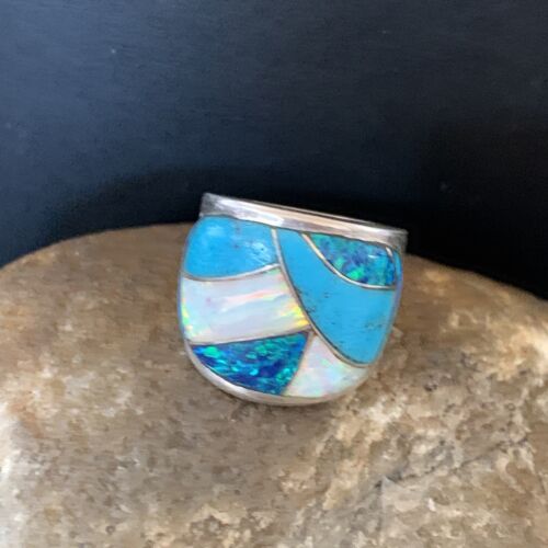 Navajo Blue Turquoise Opal Inlay Band | Sz 5 | Authentic Native American Handmade Men's Pinky Ring | 12858