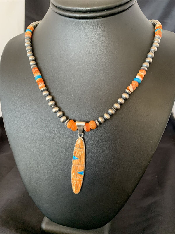 Navajo Pearls Sterling Silver Necklace with Orange Spiny Oyster & Opal Pendant | Authentic Native American | 11384