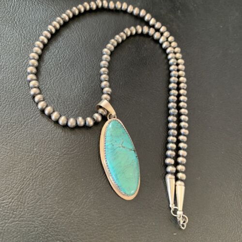 Navajo Pearl Necklace with Blue Spiderweb Turquoise Pendant | Sterling Silver | 13257