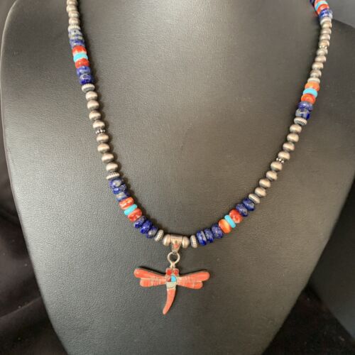 Navajo Dragonfly Pendant | Sterling Silver Turquoise Coral Multi-Color Inlay | Authentic Native American Handmade | 13556