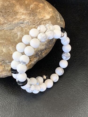 Navajo Memory Wire Bracelet | Stainless Steel | Howlite & Onyx Beads | Sterling Silver | 01956