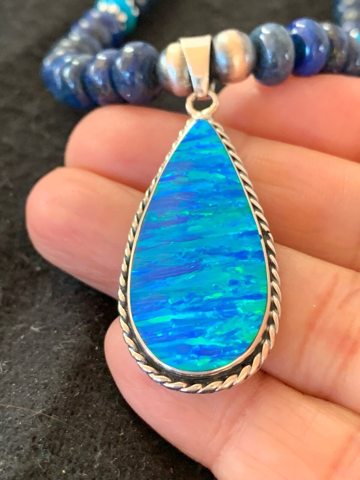 Navajo Opal Pendant with Lapis & Turquoise Necklace and Earrings Set | Sterling Silver | Authentic Native American Handmade | 4328