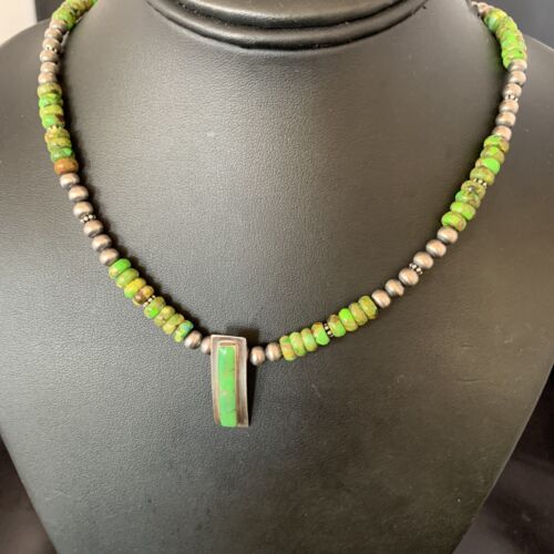 Navajo Green Gaspeite Turquoise Inlay Pendant | Sterling Silver | Authentic Native American Handmade | 13265