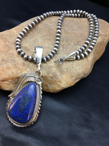 Navajo Lapis Pendant Necklace | Sterling Silver Pearls | Authentic Native American Handmade | 1005