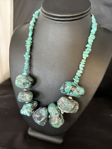Navajo Chunky Blue Turquoise Necklace | Sterling Silver | Authentic Native American Handmade | 20" | 14414