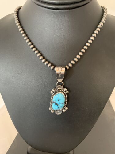 Navajo Spiderweb Kingman Turquoise Pendant Necklace | Sterling Silver | Authentic Native American Handmade | 690
