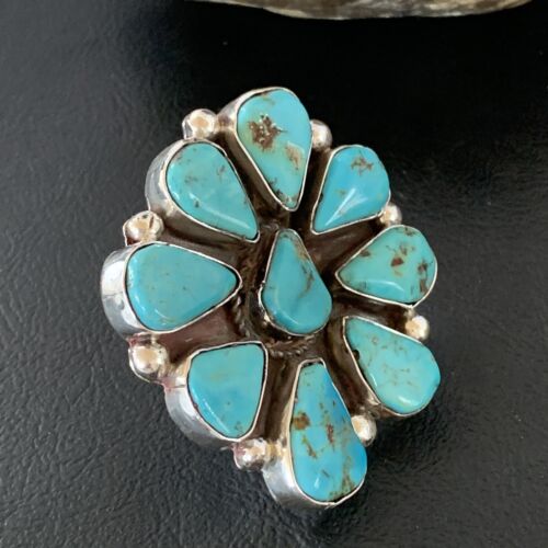 Navajo Turquoise Cluster Ring | Authentic Native American Sterling Silver | Multi-Stone | Sz 10 | 02193