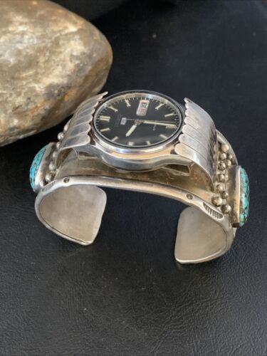 Navajo Sterling Silver Bracelet with Blue Kingman Turquoise | Men's Automatic Seiko Watch Cuff | Authentic Native American Jewelry | 12168