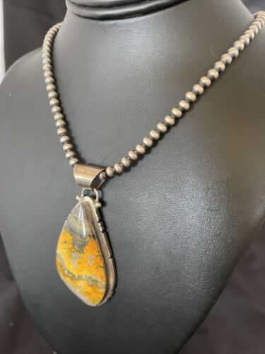 Men's Navajo Pearls Necklace with Bumblebee Jasper Pendant | Sterling Silver | Authentic Native American Handmade | 10556