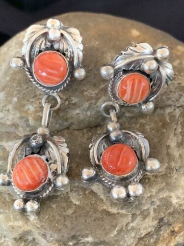 Navajo Red Spiny Oyster Dangle Earrings | Sterling Silver | Authentic Native American Handmade | 2060