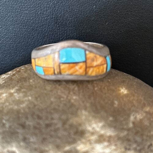Southwestern Women's Navajo Blue Turquoise Spiny Oyster Inlay Ring | Sz 8 | 14559