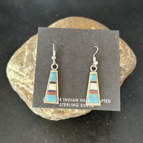 Navajo Multi-Color Turquoise Mother of Pearl Inlay Earrings | Sterling Silver | Authentic Native American Handmade | 14655