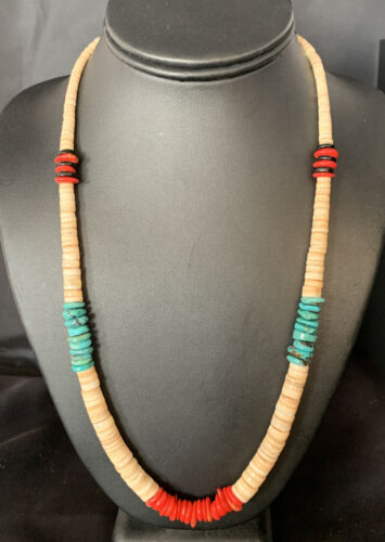 Authentic Native American Santo Domingo Necklace | Shell, Red Coral, Blue Turquoise, Onyx | 22" | 13486