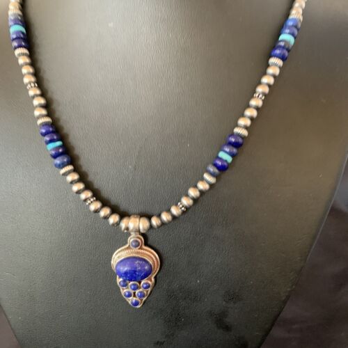 Men's Navajo Pearl Blue Lapis Turquoise Necklace | Sterling Silver | 21" | 12612 | Multi-Stone