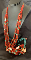 Southwestern Santo Domingo Red Coral Green Turquoise 5-Strand Jacla Necklace | 36" | Native American Handmade | 12053