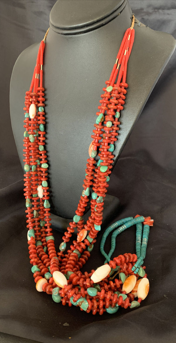 Southwestern Santo Domingo Red Coral Green Turquoise 5-Strand Jacla Necklace | 36" | Native American Handmade | 12053