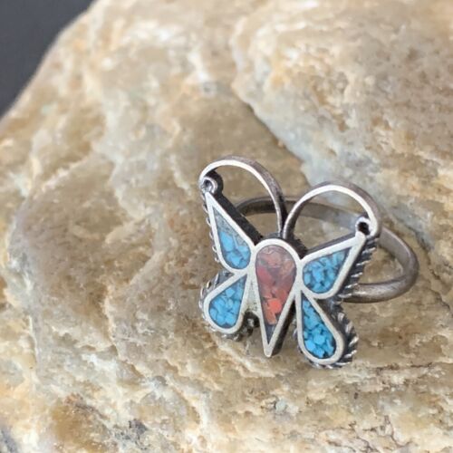 Navajo Women's Butterfly Turquoise Ring | Sterling Silver Inlay | Sz 5 | Authentic Native American | 10891
