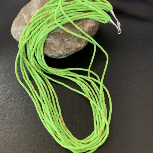 Southwestern Green Gaspeite Heishi Necklace | 10 Strand | Sterling Silver | 20" | 2238