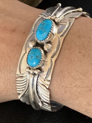 Native American Men's Blue Kingman Turquoise Cuff Bracelet | Sterling Silver | 14136