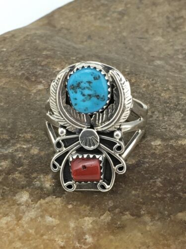 Navajo Southwestern Blue Turquoise & Coral Ring | Authentic Native American Sterling Silver | Multi-Stone | Sz 9.5 | 4857