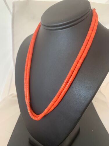 Navajo Apple Coral Tube Heishi Bead Necklace | 2 Strand | Sterling Silver | Authentic Native American Handmade | 4700