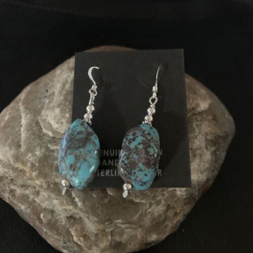 Navajo Turquoise Bead Nugget Earrings | Sterling Silver Pearls | 1" | Authentic Native American Handmade | 12891