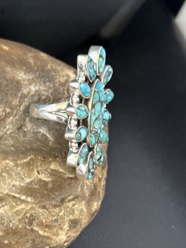 Navajo Blue Turquoise Cluster Ring | Authentic Native American Sterling Silver | Multi-Stone | Sz 6.5 | 14227