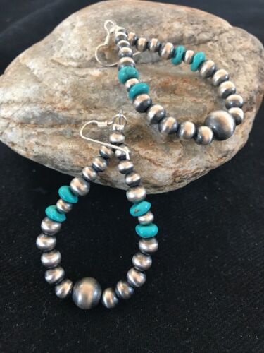 Southwestern Turquoise Bead Earrings | Navajo Pearls | Sterling Silver | Authentic Native American Handmade | 2030
