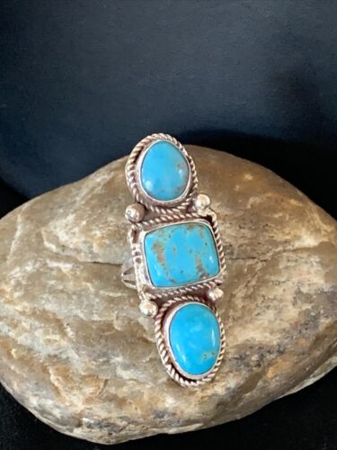Navajo Blue Turquoise Cluster Ring | Authentic Native American Sterling Silver | Multi-Stone | Sz 10 | 2119