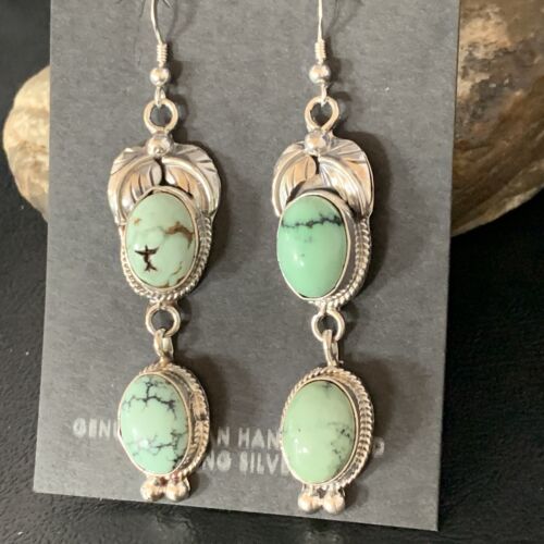 Navajo Green Spiderweb Turquoise Dangle Earrings | Sterling Silver | Authentic Native American Handmade | 13551