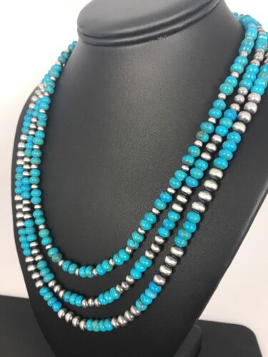 Navajo Blue Turquoise Necklace | 3 Strands | Sterling Silver | Authentic Native American Handmade | 3129
