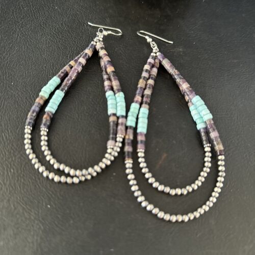 Sugilite Turquoise Heishi Bead Earrings | Sterling Silver | 4" | Authentic Native American Handmade | 14317