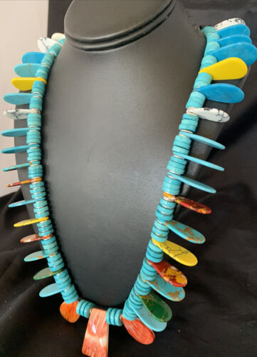 Native American Santo Domingo Spiny Turquoise Necklace | 40" | Sterling Silver | 12066