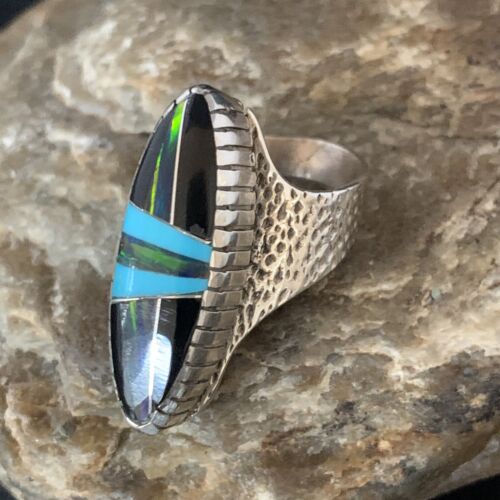 Men's Navajo Multi-Color Opal Turquoise Inlay Ring | Sterling Silver | Sz 7.5 | 13571