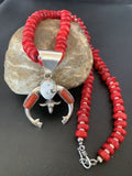 Navajo White Buffalo Turquoise Coral Naja Pendant | Sterling Silver | Authentic Native American Handmade | 10253