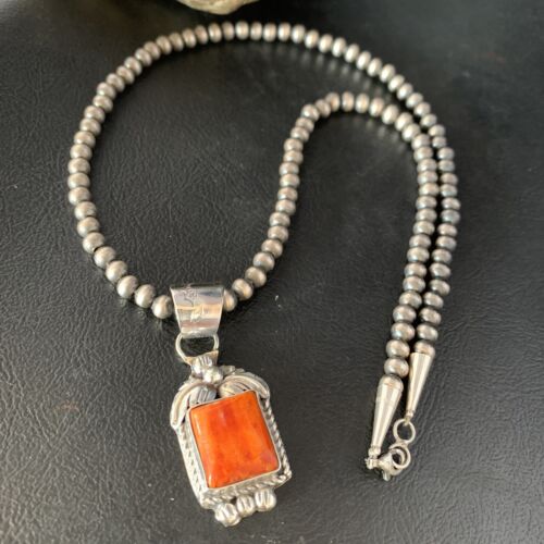 Navajo Red Spiny Oyster Square Pendant Necklace | Sterling Silver | Authentic Native American Handmade | 13636